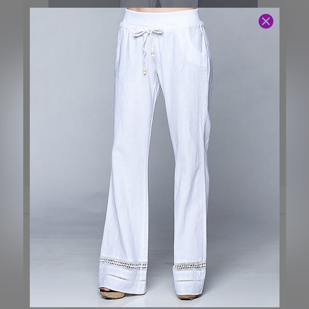 🆕White Crochet Trim- Tie waist linen Pants